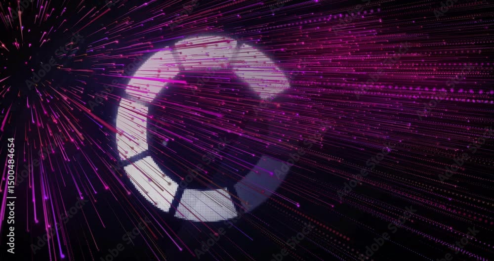 Poster particle streaks shooting from left bathing rotating segmented white ring with pulsing magenta glow