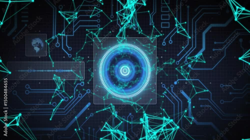 Poster at start glowing cyan nodes drifting and linking into mesh forming rotating hud rings scanning data