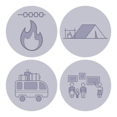 Four icons of activities associated with camping adventures. Campfire, tent setup, family bonding, and transportation for outdoor excursions