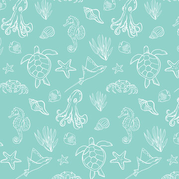Sea Creatures Line Art Seamless Pattern. Turtle, Octopus, Devil-fish, seahorse, starfish, seashell. Minimalist Marine Animals Outline, Ocean Animals Background