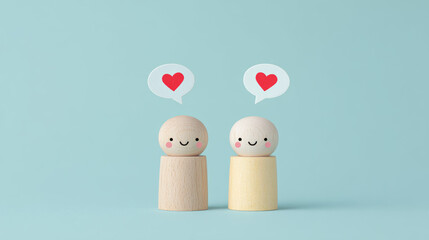 There are heart-shaped symbols above a pile of wooden dolls, symbolizing lovers in love