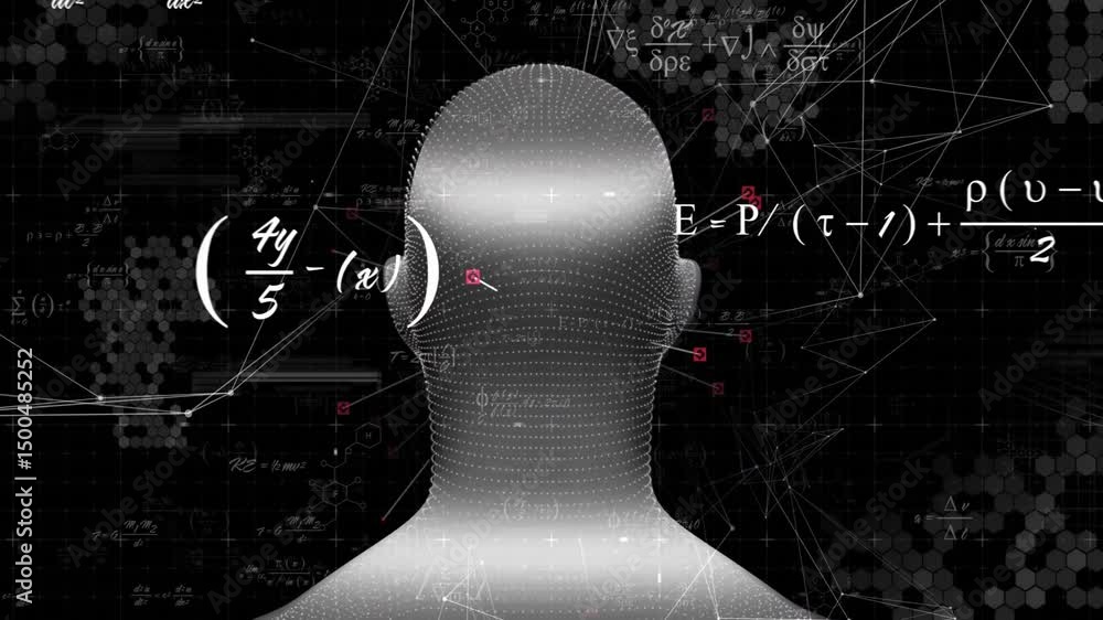 Poster glitch effect initiating head rotating through profiles, shifting markers and updating formulas