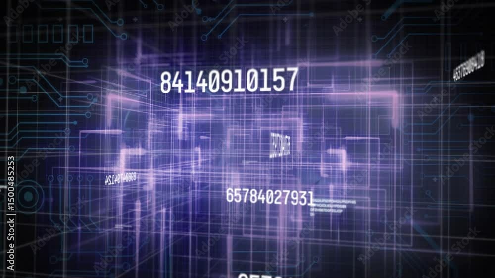 Aufkleber numeric sequence appearing floating pulsing receding through violet grid showing data flow
