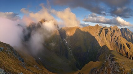 Majestic mountain peaks at sunrise, golden light through misty valleys -- A serene wilderness awakening