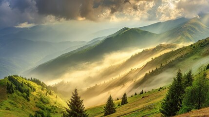 Majestic mountain peaks at sunrise, golden light through misty valleys -- A serene wilderness awakening