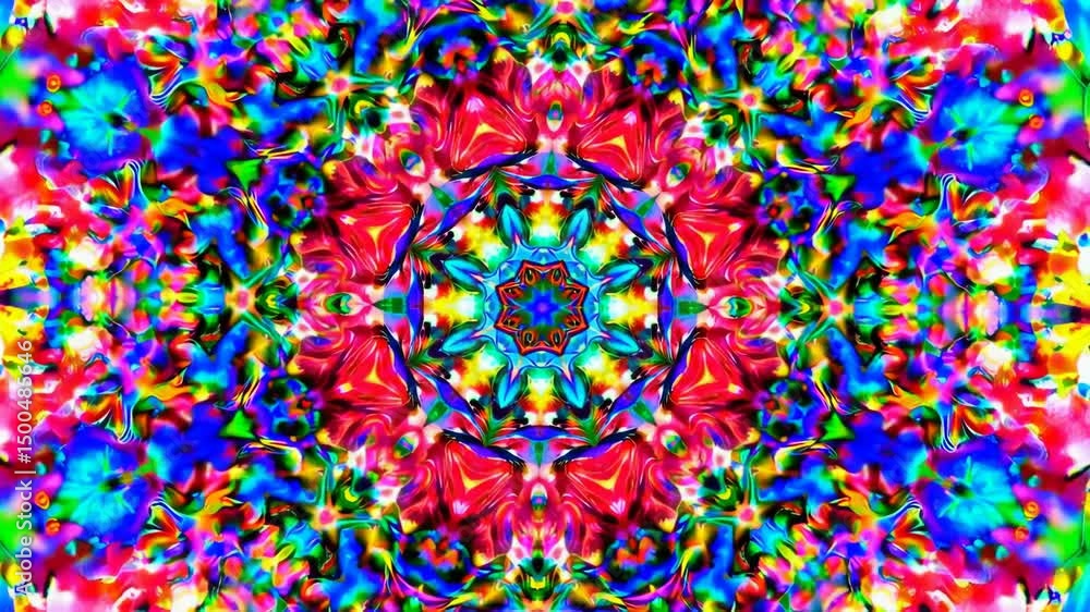 Poster vibrant kaleidoscope patterns unfolding in dynamic burst of colorful symmetry