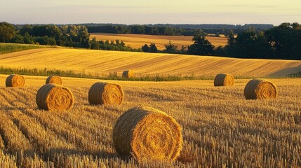A field of golden hay bales with a clear sky in the background.