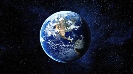 Obraz premium A blue and white globe with Earth's continents and oceans visible, set against a starry night sky.