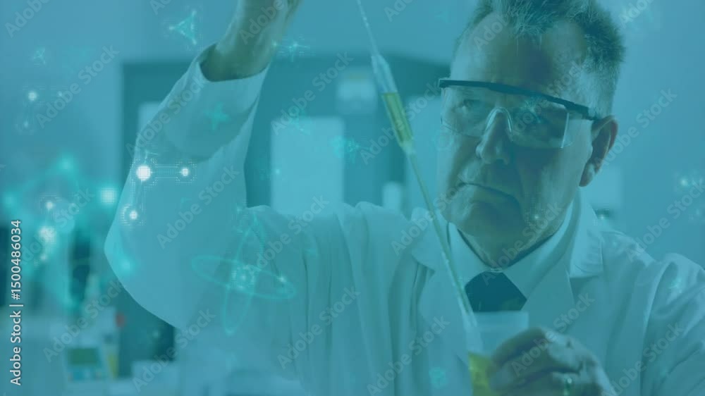 Poster scientist pressing pipette in lab, drawing yellow solution into beaker under overlay for experiment