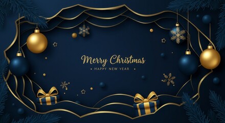 Festive Christmas Illustration in Blue and Gold with Ornaments and Gifts