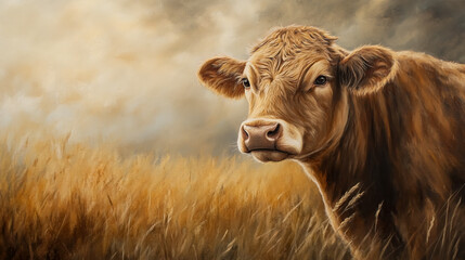Light brown cow with a gentle expression, positioned slightly sideways, showcasing its natural beauty in a peaceful rural setting