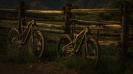 Two mountain bikes resting by a wooden fence, embracing the spirit of outdoor adventure.