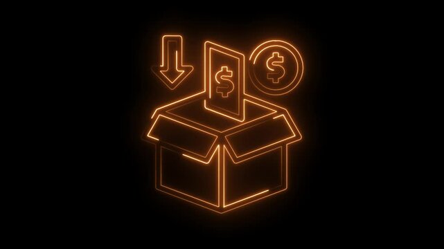 Animated neon donation box concept for charity fundraising and financial support on dark background