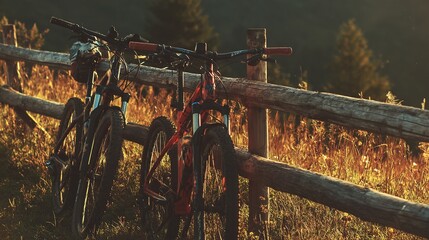 Two mountain bikes resting by a wooden fence, embracing the spirit of outdoor adventure.