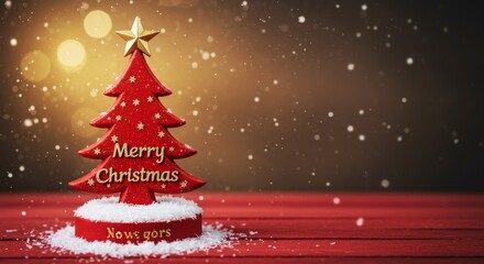 Festive Christmas Tree Ornament on Red Surface with Gold Star and Snow Photo
