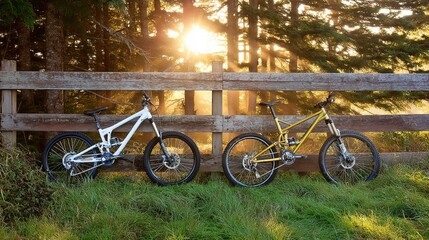 Two mountain bikes resting by a wooden fence, embracing the spirit of outdoor adventure.