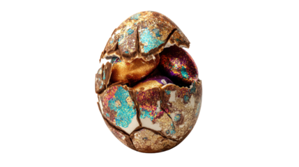 Colorful egg with intricate cracked shell design.