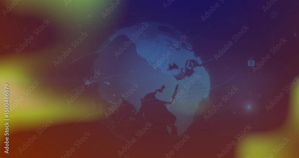 Poster fading dot matrix globe rotating from west to east as data lines linking nodes visualizing network