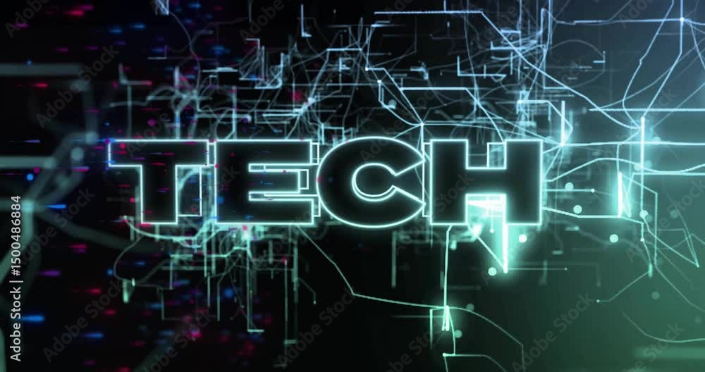 Poster faint neon blue green circuit lines tracing abstract patterns, forming glowing tech text for ui