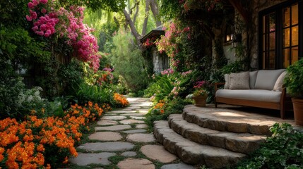 Serene Garden Path: Stone Walkway, Blooming Flowers, and Tranquil Patio