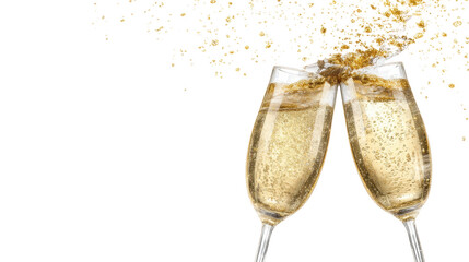 Two sparkling glasses of champagne clinking.