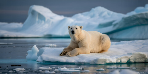 Polar Bear Resting on Ice Floe in Turquoise Arctic Waters Surrounded by Debris