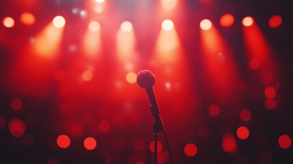 Atmospheric night scene in a bar or club with blurry red lights and a disco ball, perfect for concert or party themes with ample copy space
