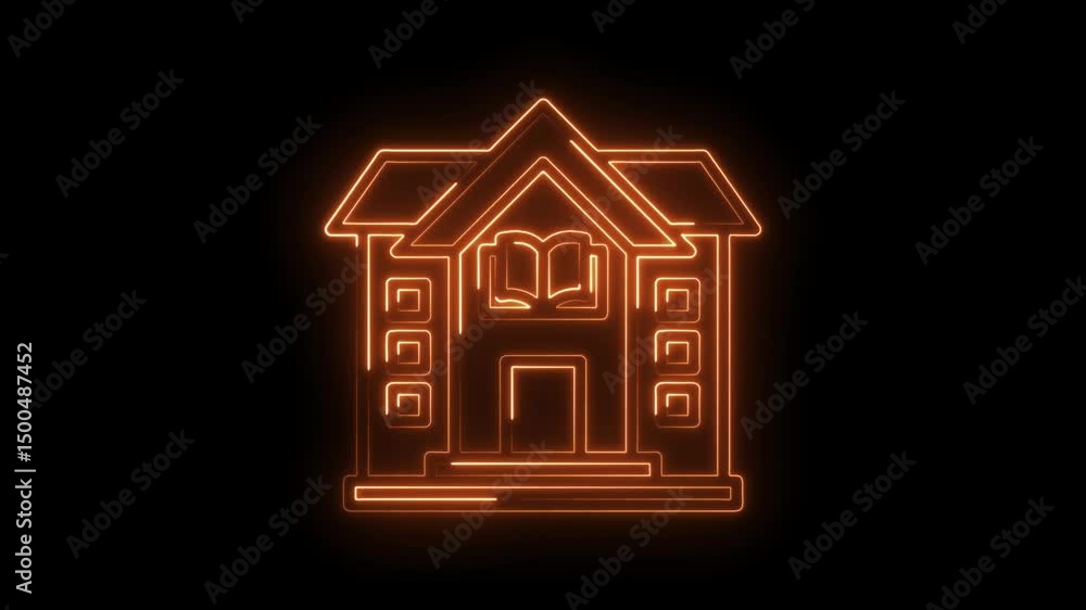 Poster glowing neon university building symbol animation with book design on black background