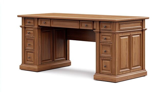 A wooden desk with a dark brown finish, featuring a rectangular top with a drawer on each side, and a cabinet on the right side.