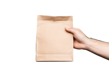 Close up female holds in hand brown clear empty blank craft paper bag for takeaway isolated on white background. Packaging template mock up. Ai Generated Images