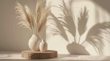 Neutral toned interior with pampas grass in ceramic vase casting soft natural shadows