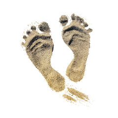 Footprints in soft sand on a sunny beach.