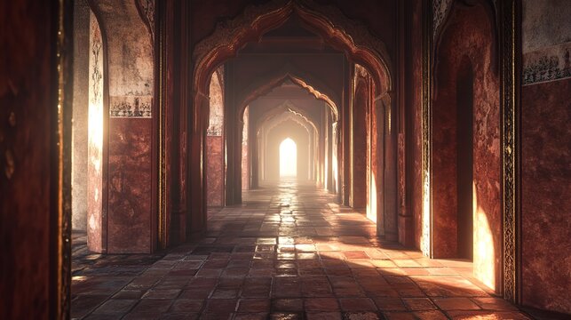 Ancient Palace Corridor Sunlight Golden Arches Redstone Architecture Interior 3d art path calm mood 