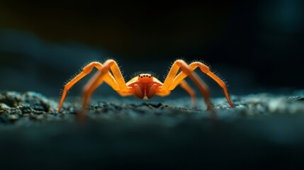 Fototapeta premium Macro photography of a vibrant orange spider on dark background. Illustrates nature, wildlife, arachnids, and insect detail.