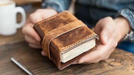 A close-up of hands holding a small, leather-bound journal.  The journal is nestled in the hands, resting on a wooden table.  A coffee cup and pen are visible in the background