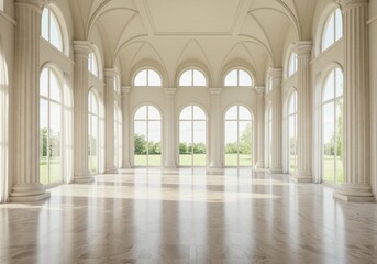 Grand Hall Interior Perspective Photo with Classical Columns and Windows