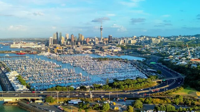 Aerial hyperlapse, dronelapse video of Auckland of New Zealand in daytime