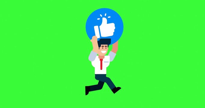 Animated businessman running with thumbs up like icon on green screen background for social media and marketing use

