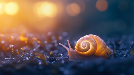 Close up of a snail illuminated by the warm glow of the setting sun.  Nature, slow life, patience, and perseverance concepts.