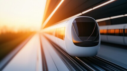 Fototapeta premium Futuristic hyperloop transportation system speeding through station at sunset, showcasing innovation and speed in modern travel