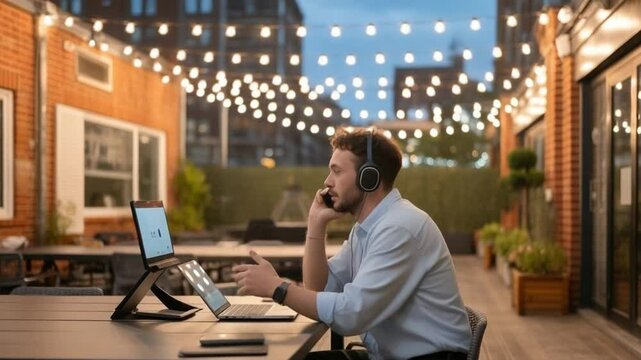 Freelancer on video call under string lights in an outdoor co-working space