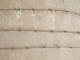 Three rows of barbed wire against a concrete prison wall