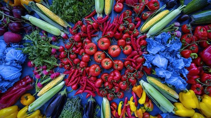 Circular arrangement of fresh produce, a vibrant display of nature's bounty