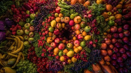 Circular arrangement of fresh produce, a vibrant display of nature's bounty