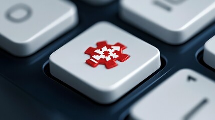 A highlighted puzzle piece key on a computer keyboard.  It suggests problem solving or system integration