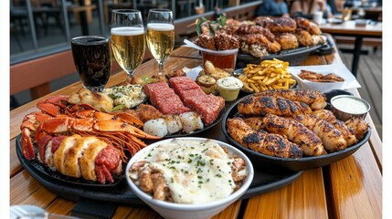 A large spread of various seafood, chicken, and sides on a wooden patio.  Includes lobster, shrimp, scallops, chicken, french fries, and various sauces