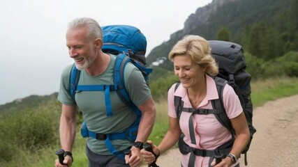 Fit senior couple hiking together on a trail with backpacks - Powered by Adobe