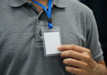 Man with blank ID badge at business event for professional use, closeup view
