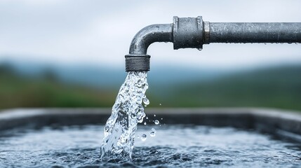 Water flows from a metal faucet into a container outdoors.