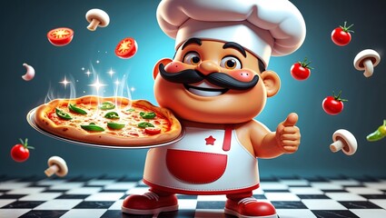 Delicious Pizza Chef in Vibrant Kitchen - 3D Cartoon Illustration for Food Blogs, Ads, and More